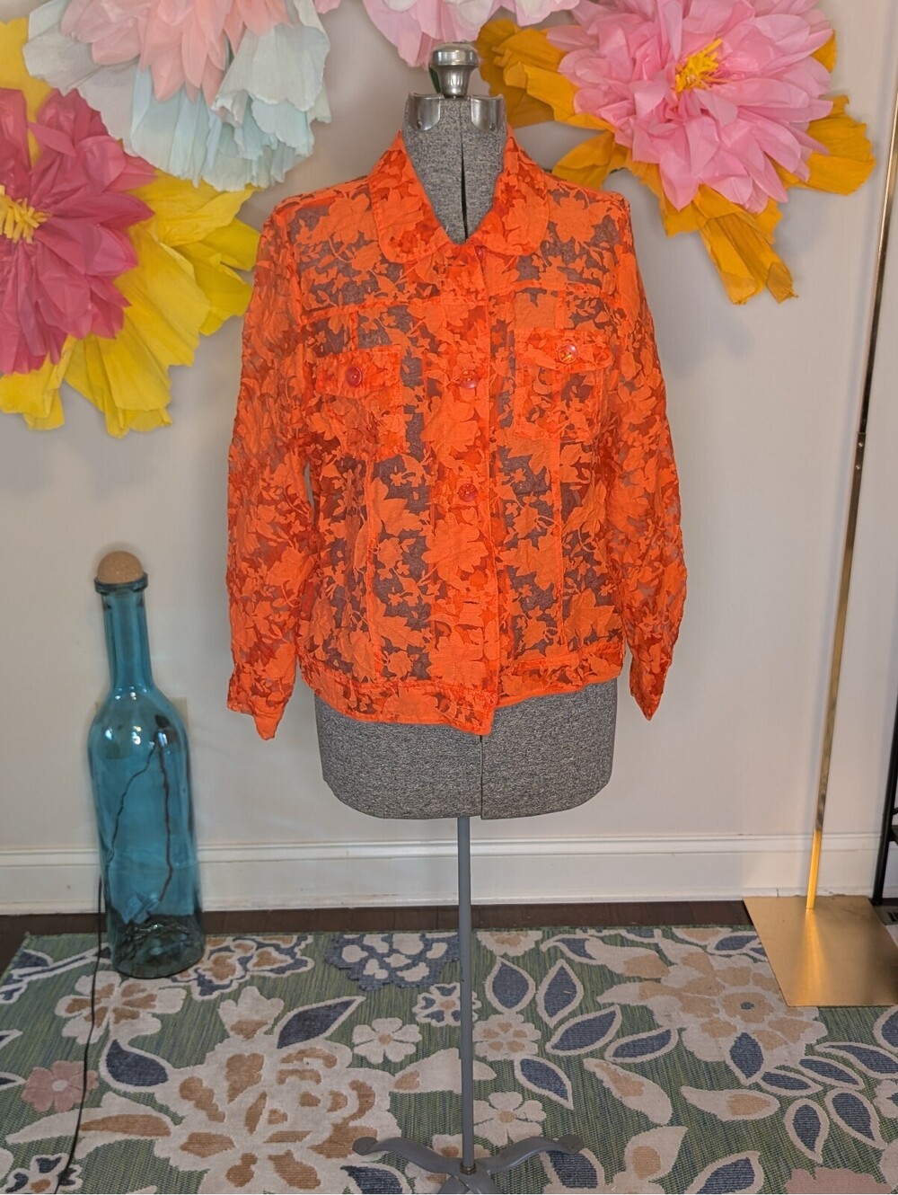 2038 - Peck & Peck Weekend Cherry Tomato Orange Floral Lace Button-Up Blouse XL